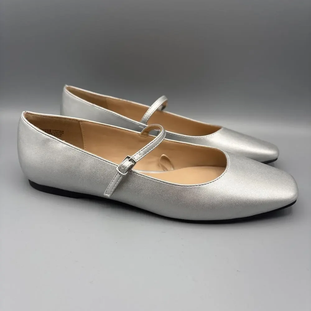 LOFT Ballet Flats Size 9 Silver Mary Jane Shoes Square Toe Wedding Glam Fairy